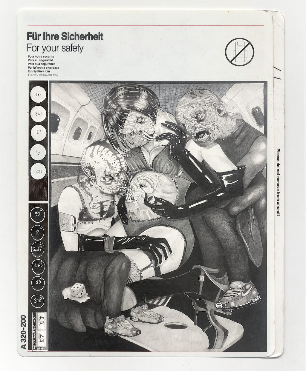 Scan of an airline safety booklet wth a drawing by Jenkin Van Zyl.